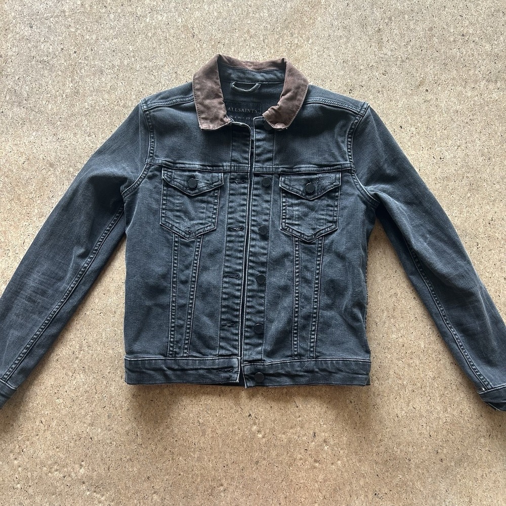 All Saints Jacket Womens 4 Grey Denim Distressed Brown Corduroy Contrast Collar